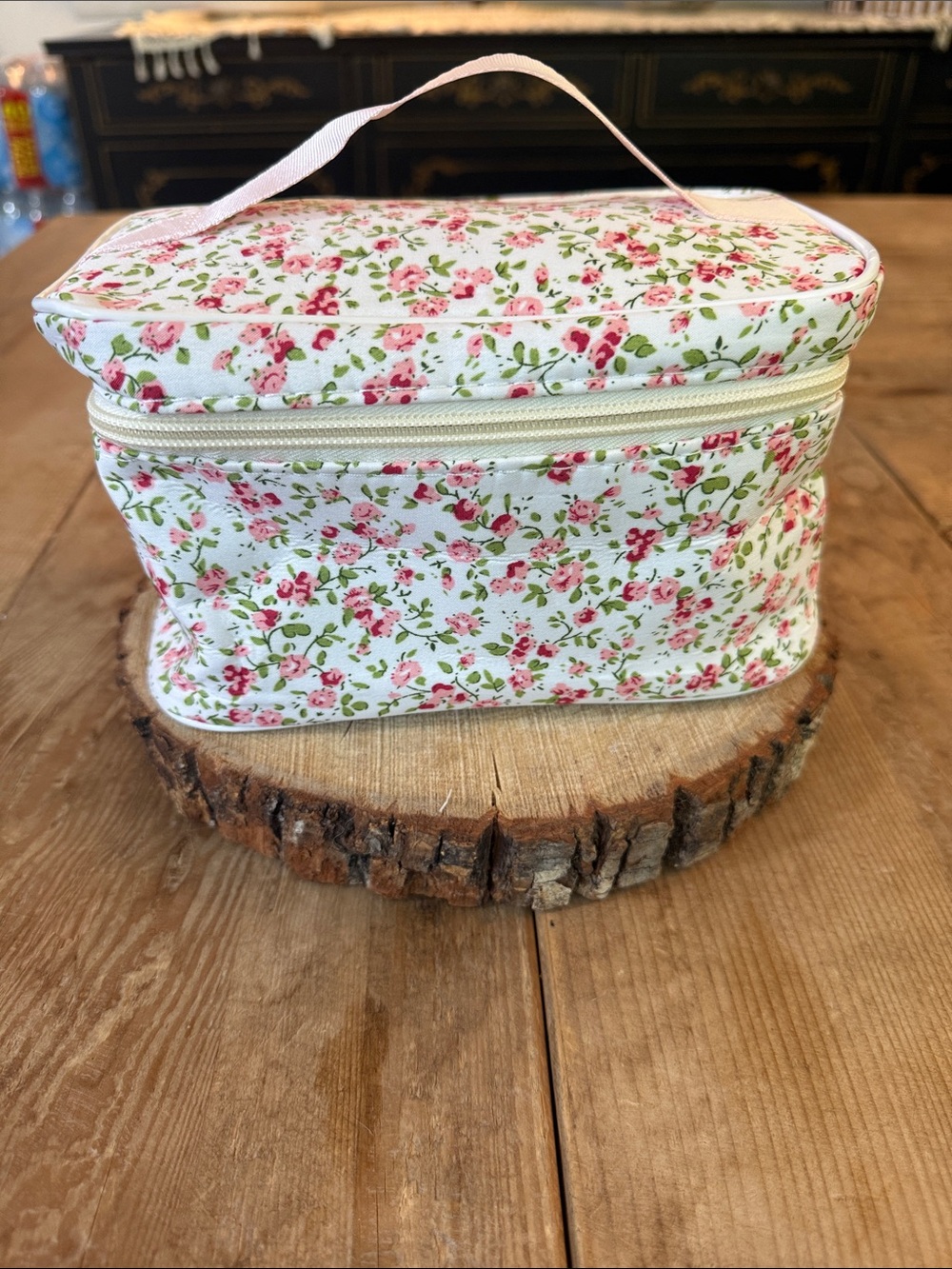 Floral Pink Travel Cosmetic Case with Top Handle